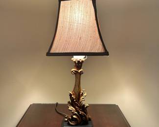 W48 - $20. Wooden Table Lamp. Measures 22" tall. Shade is in great condition! 