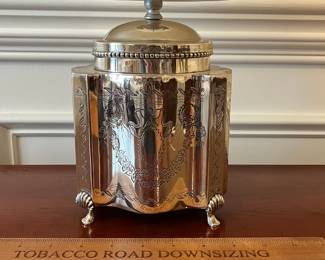 W8 - $75. Silver Plated tea caddy lamp. Shade is in very good condition!