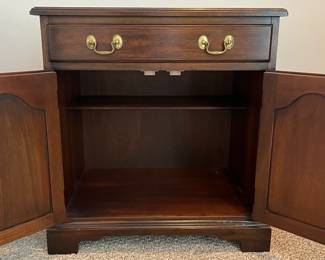 W20 - $175. Henkel-Harris single nightstand / cabinet. Style #114. Single drawer slides easily and doors open to the cabinet with single shelf inside. Measures 24" wide x 16" deep x 25.75" tall. Sturdy and in very good condition!