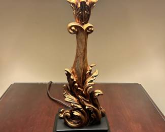 W48 - $20. Wooden Table Lamp. Measures 22" tall. Shade is in great condition! 