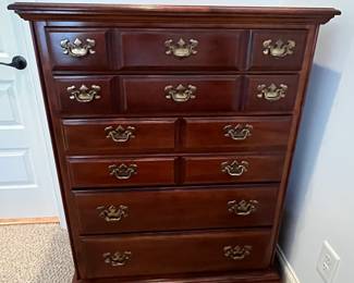 W21 - $175. American Drew Chest of Drawers. 5 drawers all slide easily. Solid Wood. Sturdy & Clean! Measures 36" wide x 19" deep x 46" tall. 