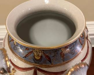 W80 - $40. Large Hand Painted Vase. Measures 12" at the widest point x 12" tall. Opening is 5.25". 