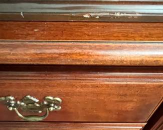 W72 - $150. American Drew Lighted China Cabinet - moves in 2 pieces. Measures 52" wide x 16" deep x 78" tall. Base is 27". Top is 51". Solid wood - very good condition with a few minor marks. 2 glass shelves - not adjustable. 