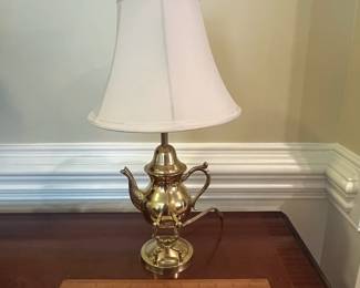 W106 - $65. Brass Tea Pot Lamp. Shade is in good condition!