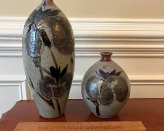 W67 - $100. PAIR Hoyt Childers Pottery Vases. Tall one measures 13"  shorter is 7" tall. 