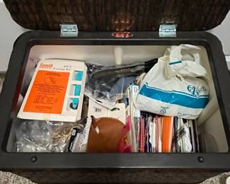 W79 - $30. Vintage Redmon Footed Sewing Basket with contents. 