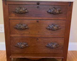 W6 - $100. Antique 3 Drawer Chest. All drawers slide easily. (Marble top is not old. It used to be a desk. Repurposed as an entry cabinet!) Measures 29.5" wide x 15" deep x 30.75" tall. 