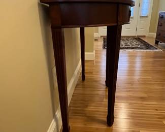 W10 - $65. Bombay Demilune Table. Has single drawer. Measures 35.5" wide x 17.75" deep x 30" tall. Some gentle wear marks on the legs. 