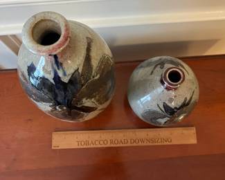 W67 - $100. PAIR Hoyt Childers Pottery Vases. Tall one measures 13"  shorter is 7" tall. 