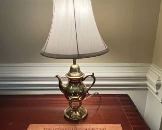 W106 - $65. Brass Tea Pot Lamp. Shade is in good condition!