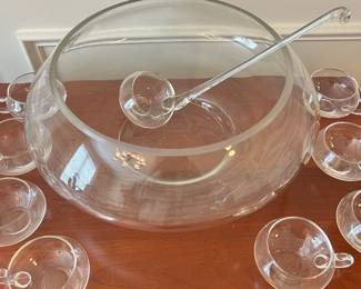 W82 - $50. Moderno Handblown Glass Punch Bowl with ladle & 12 cups. We have original box!