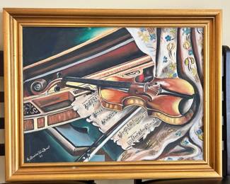 W61 - $75. Vintage Painting of a Violin. Medium/large size Measures 28" x 22". 