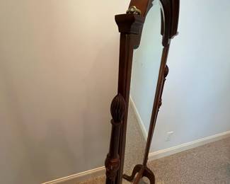 W19 - $40. Floor Mirror with Wooden Frame. Measures 25" wide x 21" deep x 65" tall. (Handle on left side has come off but we have it and it could be glued back on.)