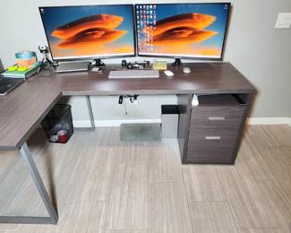L Shaped desk new in box (exact same model in pic but NIB) with pre-built matching corner shelf stand.