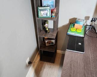 L Shaped desk new in box (exact same model in pic but NIB) with pre-built matching corner shelf stand.