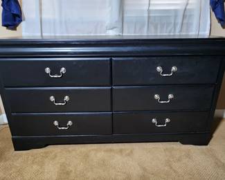 Black wood bed with headboard & Footboard and frame. Set includes two matching side tables, and six drawer dresser. Can be sold at discount as a set or individually!