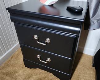 Black wood bed with headboard & Footboard and frame. Set includes two matching side tables, and six drawer dresser. Can be sold at discount as a set or individually!