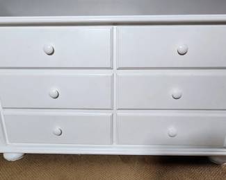 White wood bed with headboard & Footboard. Set includes small matching side table, six drawer dresser (sticker on top can be removed), and wall mounted mirror. Can be sold at discount as a set or individually!