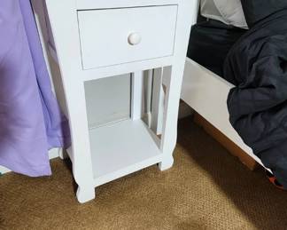 White wood bed with headboard & Footboard. Set includes small matching side table, six drawer dresser (sticker on top can be removed), and wall mounted mirror. Can be sold at discount as a set or individually!