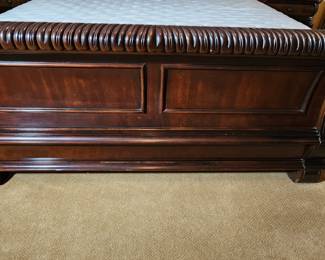 Stunning and elegant King wood bedroom set. Set includes bed frame & headboard, two matching end tables, 9 drawer dresser, two table lamps and one floor lamp (wear on headboard but can easily be reupholstered). Can sell at discount as set or individually!