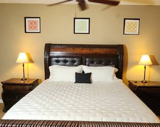 Stunning and elegant King wood bedroom set. Set includes bed frame & headboard, two matching end tables, 9 drawer dresser, two table lamps and one floor lamp (wear on headboard but can easily be reupholstered). Can sell at discount as set or individually!