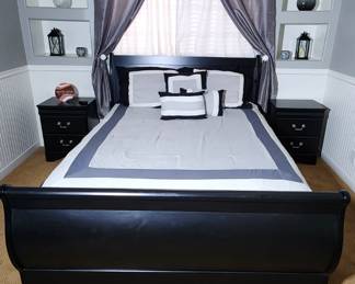 Black wood bed with headboard & Footboard and frame. Set includes two matching side tables, and six drawer dresser. Can be sold at discount as a set or individually!