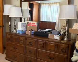 Brush Chrome Lamps, Vintage Dresser with Mirror, Vintage LP Vinyl Albums, Vintage Trinkets