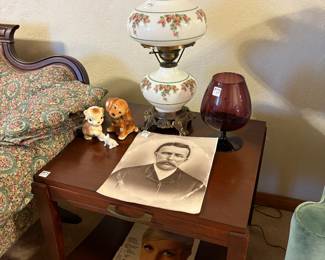 Vintage "Gone with the Wind" Style Lamp, Vintage Puppy Figurines, Vintage Purple Glass Vase, Vintage Black & White Photo, Vintage McCall's Magazine, Vintage Wood Sofa End Table