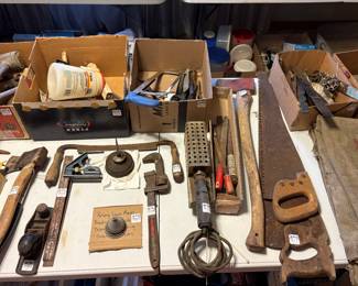Hatchets, Wood Plane, Vintage Draw Knife, Vintage Pipe Wrench, Vintage Oil Can, Vintage Soldering Iron with Clamp on Style Holder, Single Bit Axe, Vintage Canvas Tarp, Vintage Hand Saws