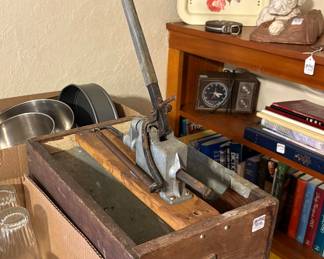 Vintage Nut / Pecan Cracker on Wood Box, Vintage Tin Lap Tray, Concrete English Bulldog, Vintage Sears Clock Radio, Vintage National Geographic Magazines, Vintage Books