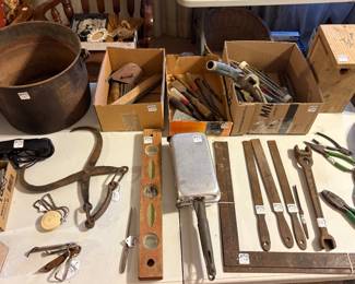 Antique Cauldron Cooking Pot, Antique Ice Block Tongs, Vintage Bell Systems File, Vintage Beer Advertising Bottle Openers, Vintage Wood Level, Vintage Wear-Ever Aluminum Omelet Pan, Metal Framing Squares, Vintage Bell Phone Systems Files, Vintage Bell Phone Systems Tools