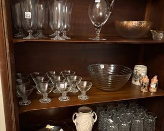 Crystal Water Goblets, Vintage Rosental Studio Line Glass Pitcher, Vintage Serving Bowls, Vintage Anchor Hocking Boopie Sherbet / Cocktail Glasses, Vintage Anchor Hocking Ribbed Serving Bowl, Vintage Ceramic German Beer Stein Salt & Pepper Shakers, Vintage Germany Eagle Crest Stoneware Beer Mug, Vintage Carnival Glass Bowl, Vintage McCoy Pottery Urn Vase, Vintage Indiana Whitehall Glasses