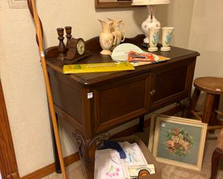 Antique Server, Vintage Lamp, Handcrafted Walking Stick, Needlepoint, Pottery, Vintage John Deere Advertising Thermometer 