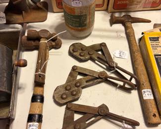 Vintage Insecticide Sprayer with Glass Jar Bottle, Ball Peen Hammers, Vintage Western Electric Cable Grip / Wire Pullers, Vintage Body Hammer