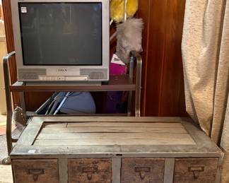 Vintage Apothecary Cabinet, Vintage TV Stand, Vintage Sony TV, Vintage Brass Lamp