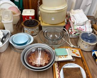 Vintage Tupperware, Vintage Pyrex, Vintage Crockpot, Wood Serving Tray, Trivets, Glass Mixing / Serving Bowls, Stainless Mixing Bowls
