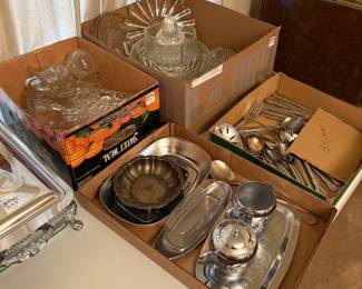 Vintage Glass Serving Pieces, Vintage Silverplate Serving Pieces, Assorted Flatware