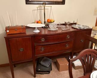 Vintage Finch Fine Furniture Sideboard / Buffet, Vintage Aluminum Serving Trays, Vintage Depression Glass Tidbit Plate, Vintage Glass Celery Tray, Vintage Brass Balancing Scale, Vintage Glass Serving Pieces, Cedar Trinket Box, Vintage Glass Candle Holders, Vintage White Milk Glass Footed Cake Plate, Hand Bells