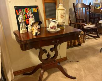 Vintage Folding Game Table, Head Vase, Vintage Lingerie Wash Board, Porcelain Figurines, Vintage Lamp, Vintage Vinyl Albums