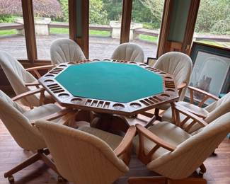 Wood Octagonal Poker Table with Eight Chairs