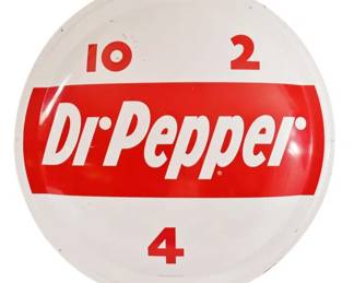 Dr. Pepper Tin Advertising Button Sign c.1953 "10-2-4" Manufactured by A-M Sign Co. Lynchburg, Virginia. Dated 9-53. Measures 36" diameter.
