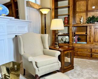wing back chair and ottoman, lighted end table, floor and table lamps

