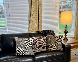 Room and Board black leather sectional and down pillows (separate)