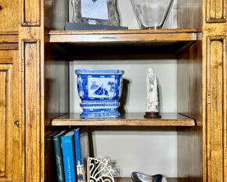 books, various decor and glass

