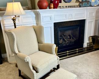 wing back chair and ottoman, vases, mirror and floor lamp

