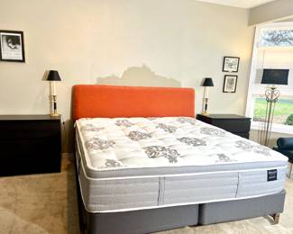 king mattress, box spring, headboard, various lamps, two three drawer dressers

