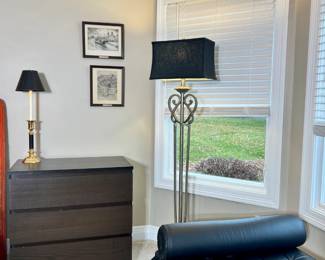 three drawer dresser, floor lamp

