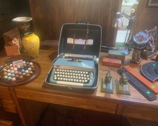 Vintage Typewriter in Case, Marble Game Set, and Misc Collectibles