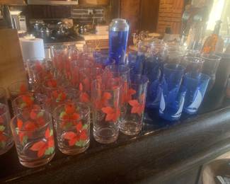 Barware - 1980s Block Spal Poinsettia Rock Glasses and Highball Glasses and Hazel Atlas 1970s Cobalt Sailboat Glasses, Martini Shaker and Ice Bucket