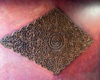 Large Diamond Pattern Teak Wood Wall Hanging, Two Available